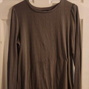 Olive Green Pointelle Knit Long Sleeve Top with Puff Shoulders